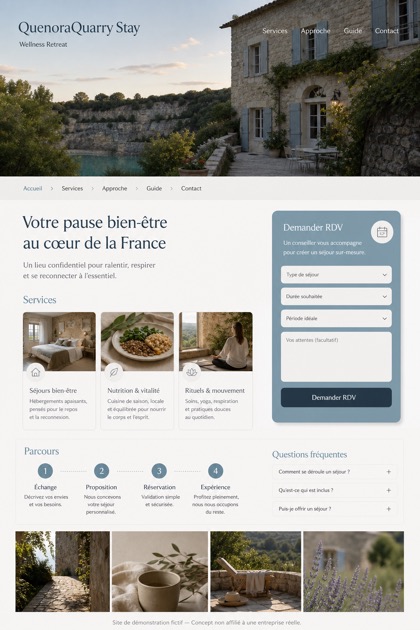 Hospitality website design for France, showing a clear opening, service information, supporting content, and a focused inquiry action.