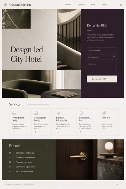 Hospitality website design for France, showing a clear opening, service information, supporting content, and a focused inquiry action.