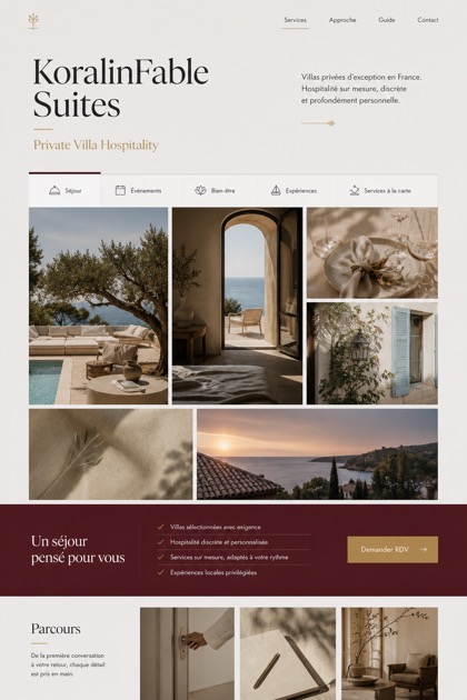 Hospitality website design for France, showing a clear opening, service information, supporting content, and a focused inquiry action.