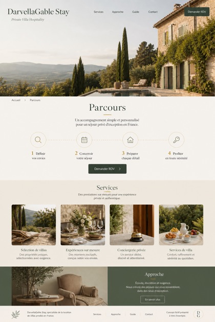 Hospitality website design for France, showing a clear opening, service information, supporting content, and a focused inquiry action.