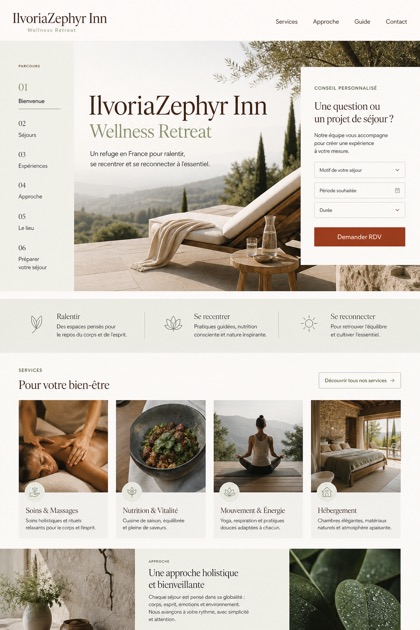 Hospitality website design for France, showing a clear opening, service information, supporting content, and a focused inquiry action.