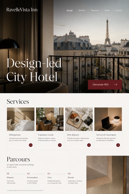 Hospitality website design for France, showing a clear opening, service information, supporting content, and a focused inquiry action.