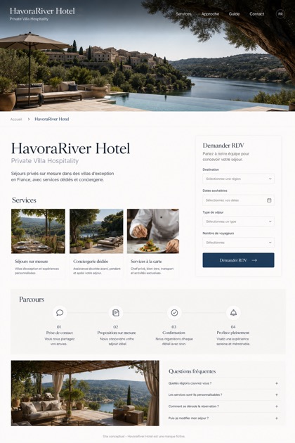 Hospitality website design for France, showing a clear opening, service information, supporting content, and a focused inquiry action.
