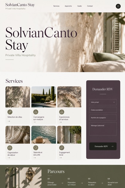 Hospitality website design for France, showing a clear opening, service information, supporting content, and a focused inquiry action.