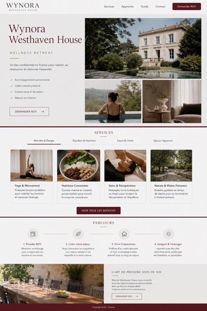 Hospitality website design for France, showing a clear opening, service information, supporting content, and a focused inquiry action.