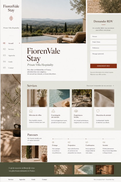 Hospitality website design for France, showing a clear opening, service information, supporting content, and a focused inquiry action.