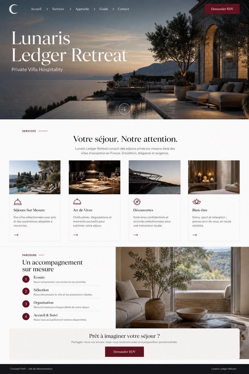 Hospitality website design for France, showing a clear opening, service information, supporting content, and a focused inquiry action.