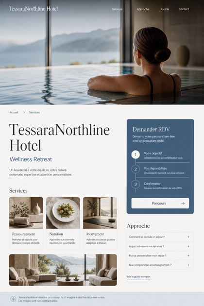 Hospitality website design for France, showing a clear opening, service information, supporting content, and a focused inquiry action.