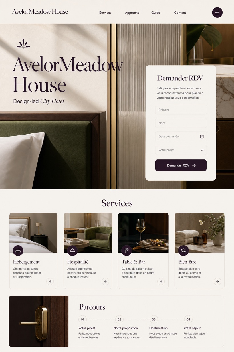 Hospitality website design for France, showing a clear opening, service information, supporting content, and a focused inquiry action.