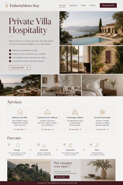 Hospitality website design for France, showing a clear opening, service information, supporting content, and a focused inquiry action.