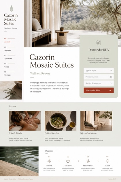 Hospitality website design for France, showing a clear opening, service information, supporting content, and a focused inquiry action.