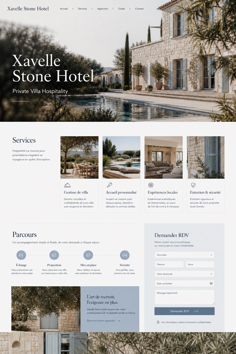 Hospitality website design for France, showing a clear opening, service information, supporting content, and a focused inquiry action.