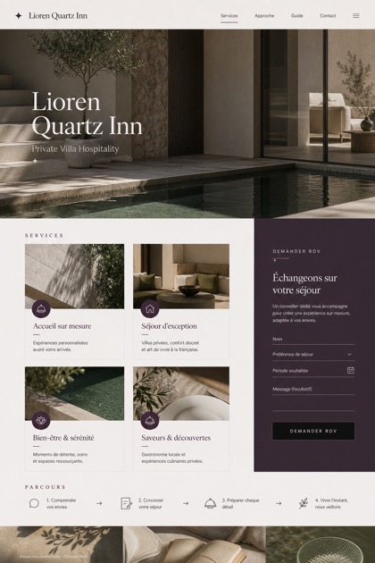 Hospitality website design for France, showing a clear opening, service information, supporting content, and a focused inquiry action.