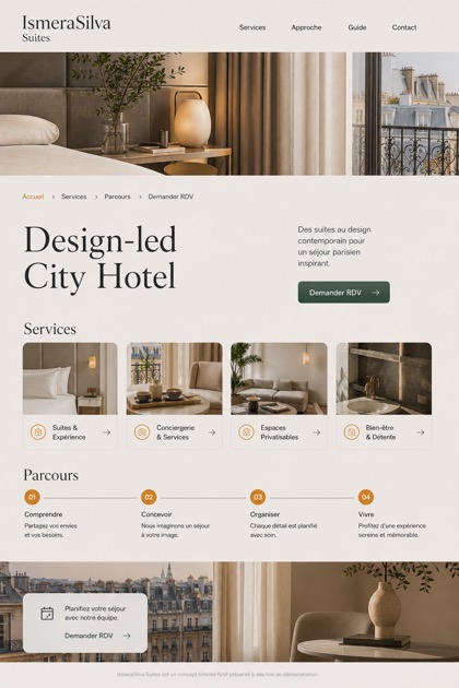 Hospitality website design for France, showing a clear opening, service information, supporting content, and a focused inquiry action.