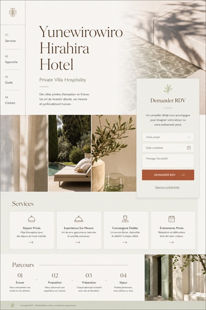 Hospitality website design for France, showing a clear opening, service information, supporting content, and a focused inquiry action.
