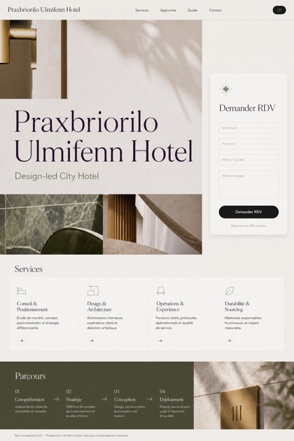 Hospitality website design for France, showing a clear opening, service information, supporting content, and a focused inquiry action.