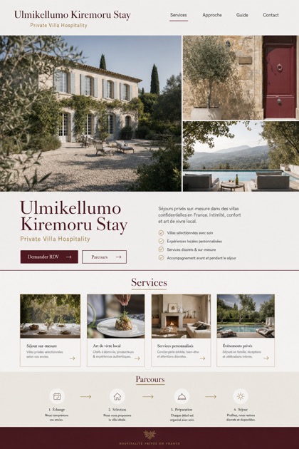 Hospitality website design for France, showing a clear opening, service information, supporting content, and a focused inquiry action.