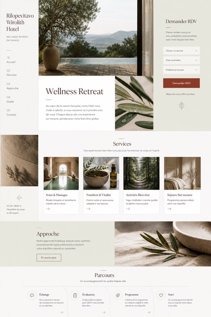 Hospitality website design for France, showing a clear opening, service information, supporting content, and a focused inquiry action.
