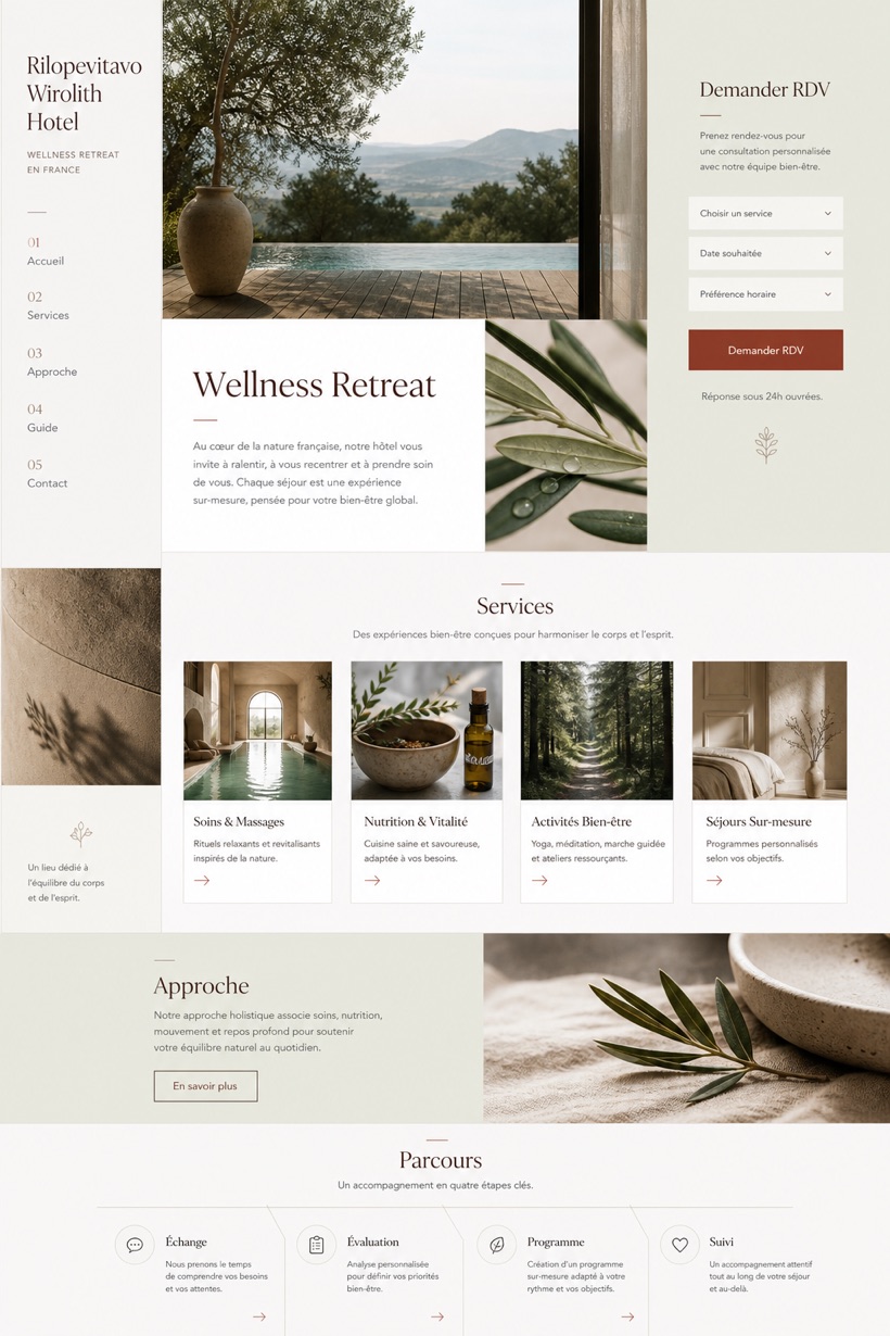 Hospitality website design for France, showing a clear opening, service information, supporting content, and a focused inquiry action.