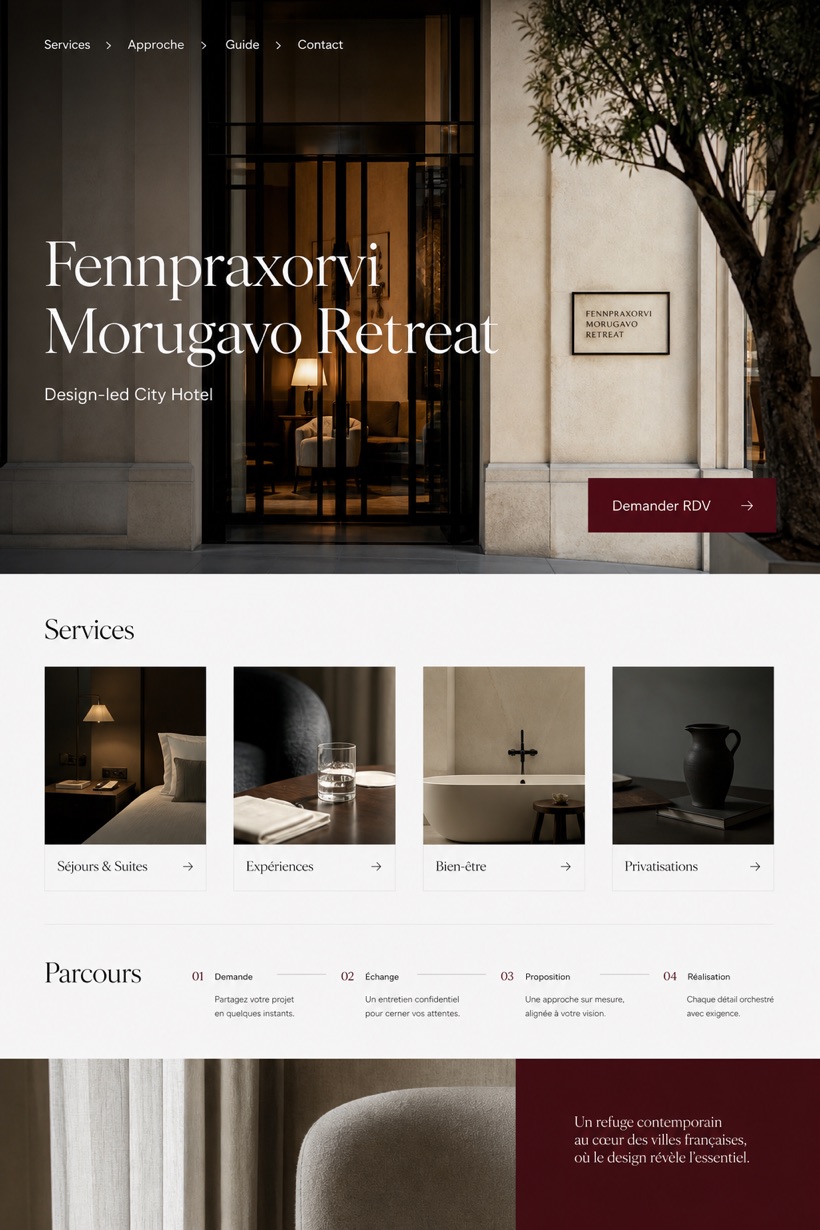 Hospitality website design for France, showing a clear opening, service information, supporting content, and a focused inquiry action.