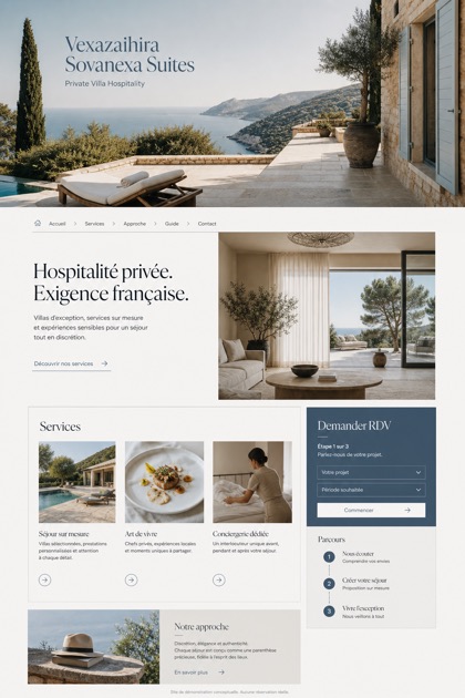 Hospitality website design for France, showing a clear opening, service information, supporting content, and a focused inquiry action.