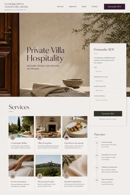 Hospitality website design for France, showing a clear opening, service information, supporting content, and a focused inquiry action.