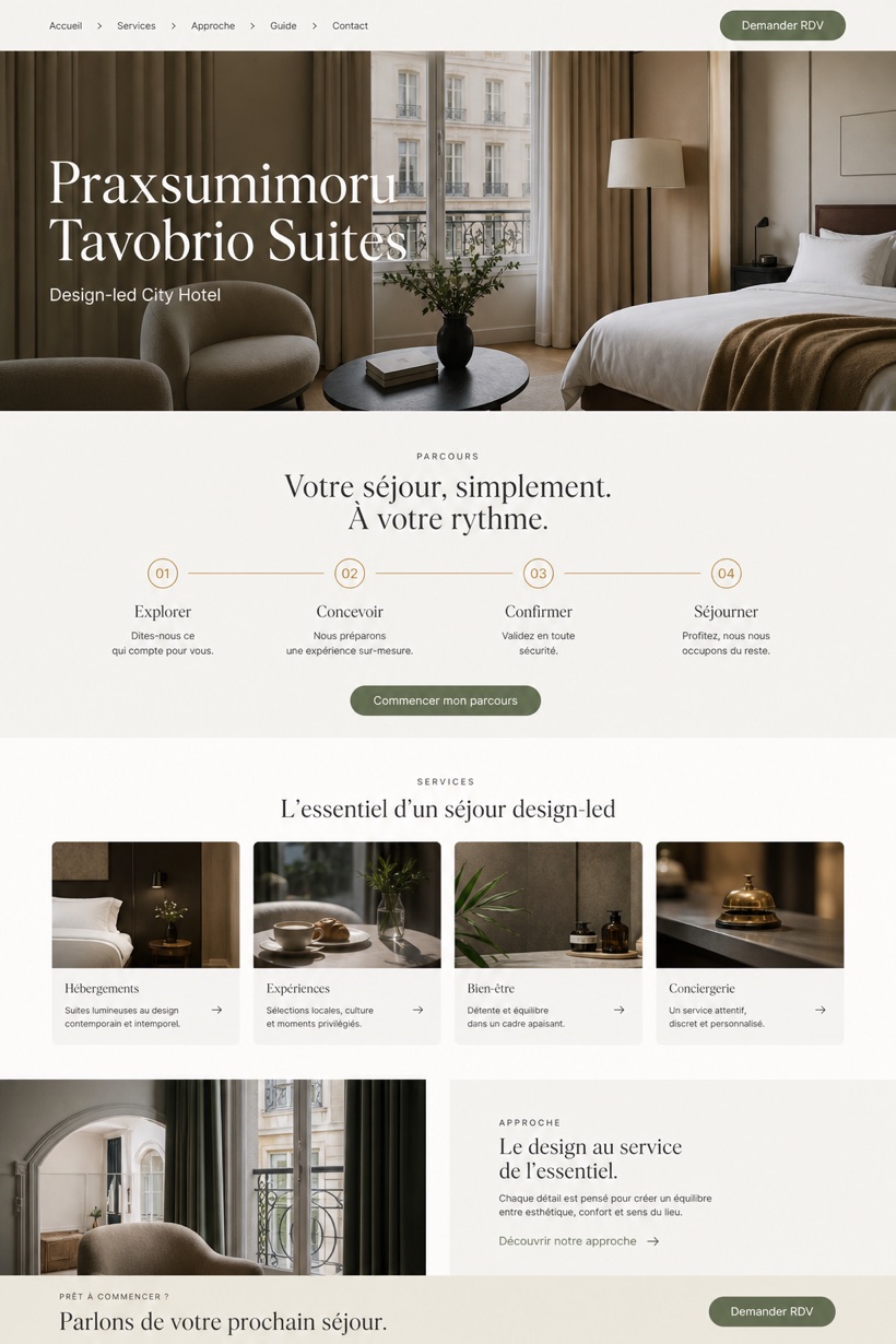 Hospitality website design for France, showing a clear opening, service information, supporting content, and a focused inquiry action.