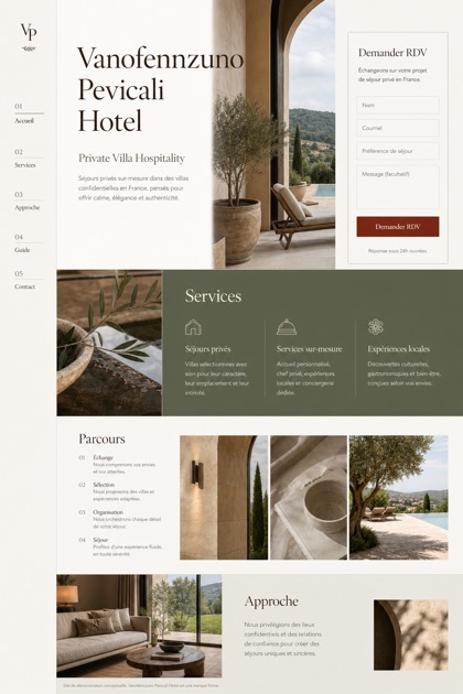 Hospitality website design for France, showing a clear opening, service information, supporting content, and a focused inquiry action.
