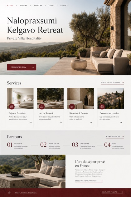 Hospitality website design for France, showing a clear opening, service information, supporting content, and a focused inquiry action.