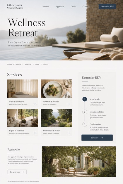 Hospitality website design for France, showing a clear opening, service information, supporting content, and a focused inquiry action.