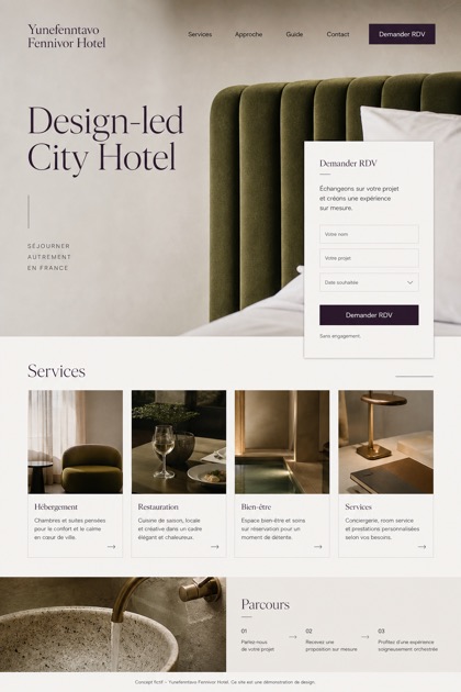 Hospitality website design for France, showing a clear opening, service information, supporting content, and a focused inquiry action.