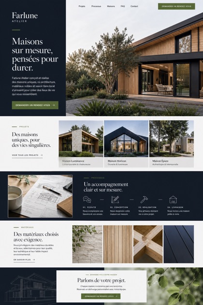 Architecture & Interiors website design for France, showing a clear opening, service information, supporting content, and a focused inquiry action.
