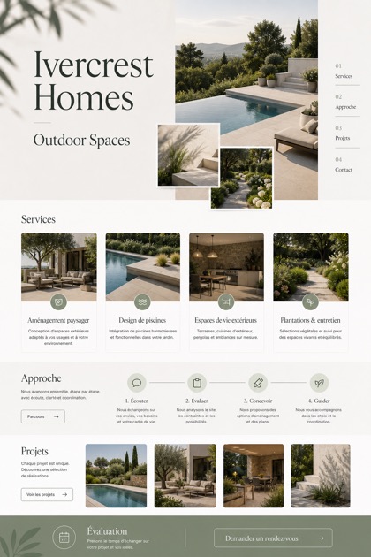 Architecture & Interiors website design for France, showing a clear opening, service information, supporting content, and a focused inquiry action.