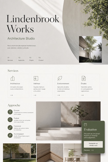 Architecture & Interiors website design for France, showing a clear opening, service information, supporting content, and a focused inquiry action.