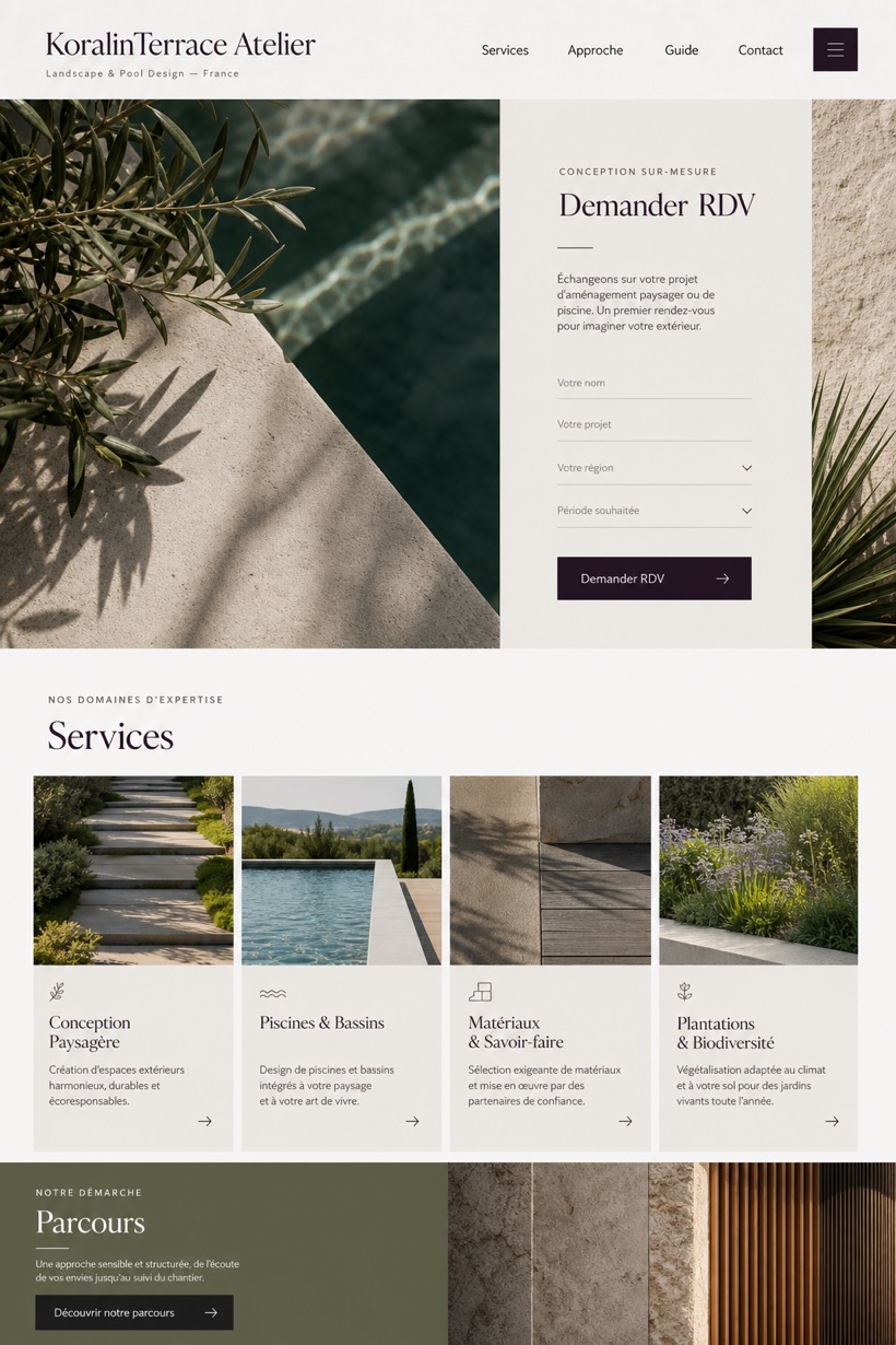Architecture & Interiors website design for France, showing a clear opening, service information, supporting content, and a focused inquiry action.
