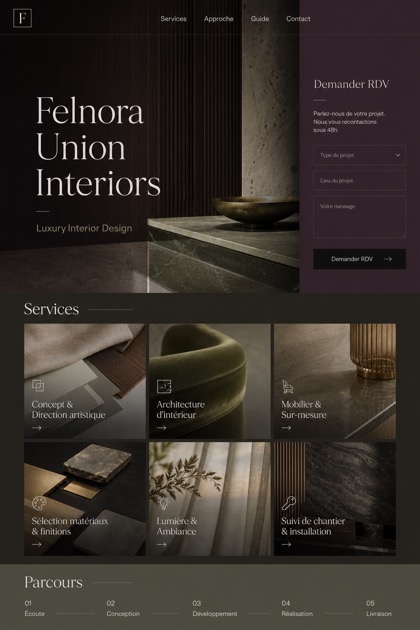 Architecture & Interiors website design for France, showing a clear opening, service information, supporting content, and a focused inquiry action.