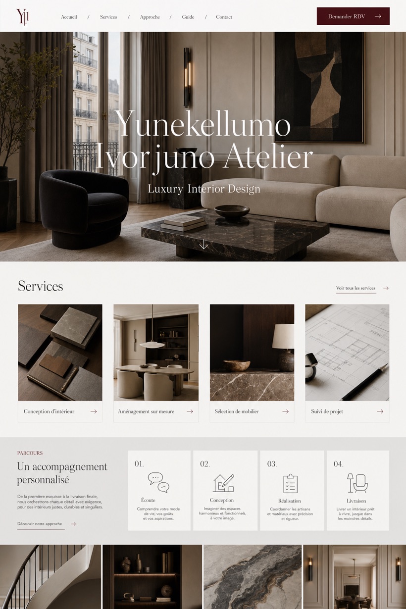 Architecture & Interiors website design for France, showing a clear opening, service information, supporting content, and a focused inquiry action.