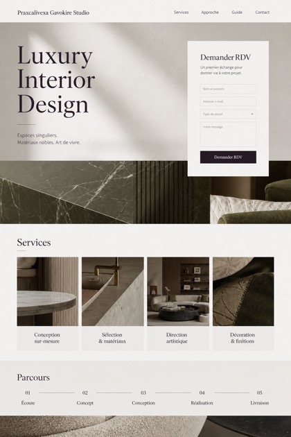 Architecture & Interiors website design for France, showing a clear opening, service information, supporting content, and a focused inquiry action.