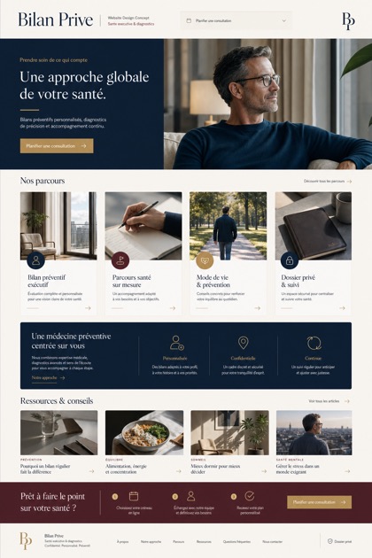 Fictional Bilan Prive executive health website concept with French-language masthead, preventive pathway cards, private record cue, resources, and consultation CTA