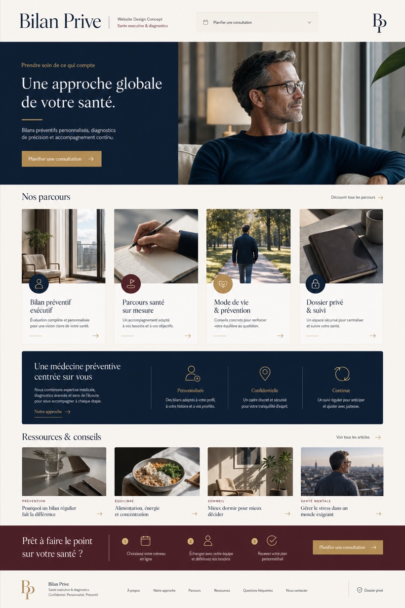 Fictional Bilan Prive executive health website concept with French-language masthead, preventive pathway cards, private record cue, resources, and consultation CTA