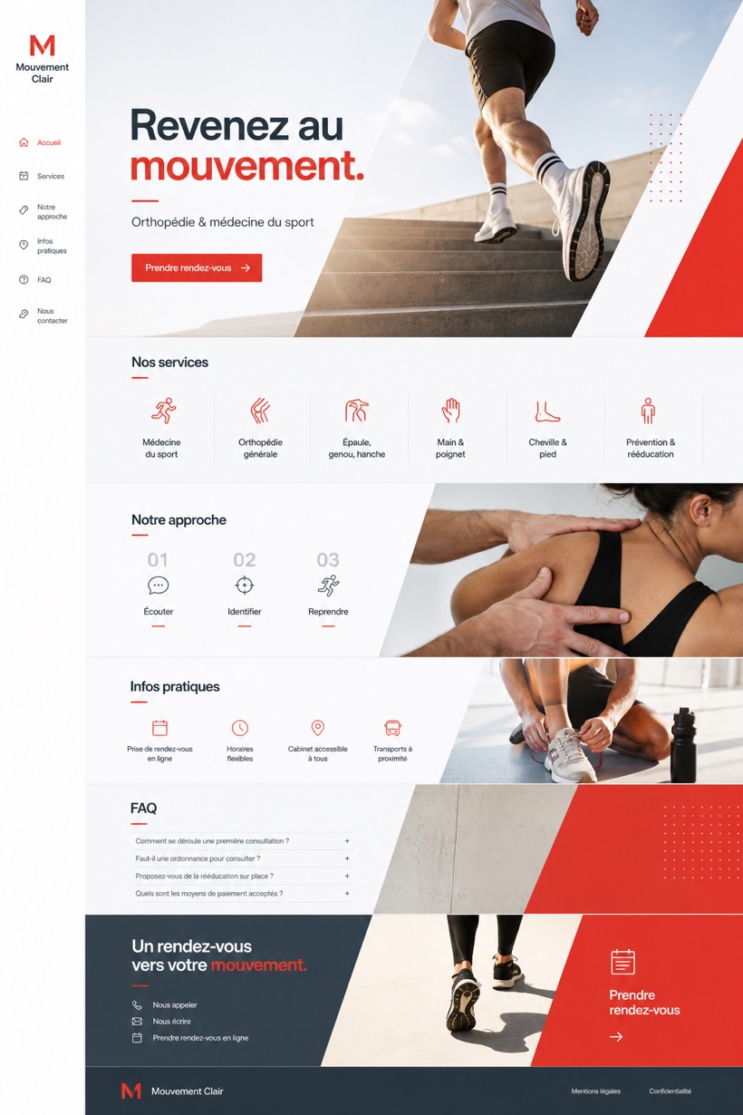 Fictional Mouvement Clair Orthopedics and sports medicine website design showcase with a complete 2:3 page layout, service sections, practical information, and contact action