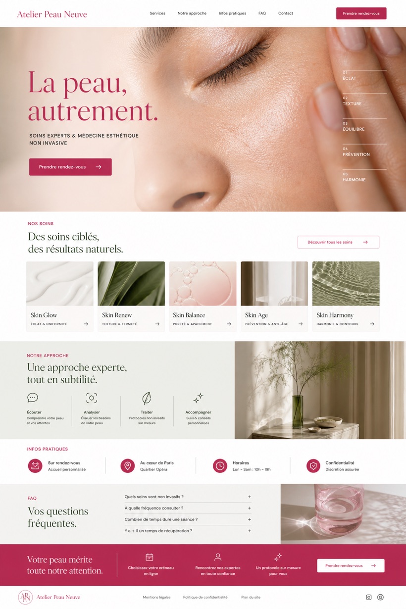 Fictional Atelier Peau Neuve Non-invasive dermatology and med spa website design showcase with a complete 2:3 page layout, service sections, practical information, and contact action