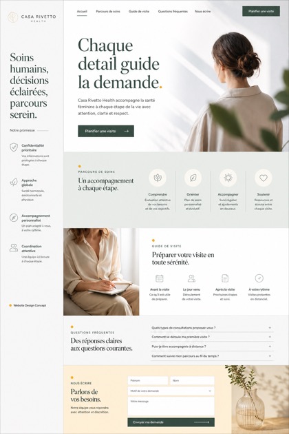 Fictional Casa Rivetto Health Fertility and women's health website design showcase in a 2:3 layout with service sections, FAQ, and inquiry action