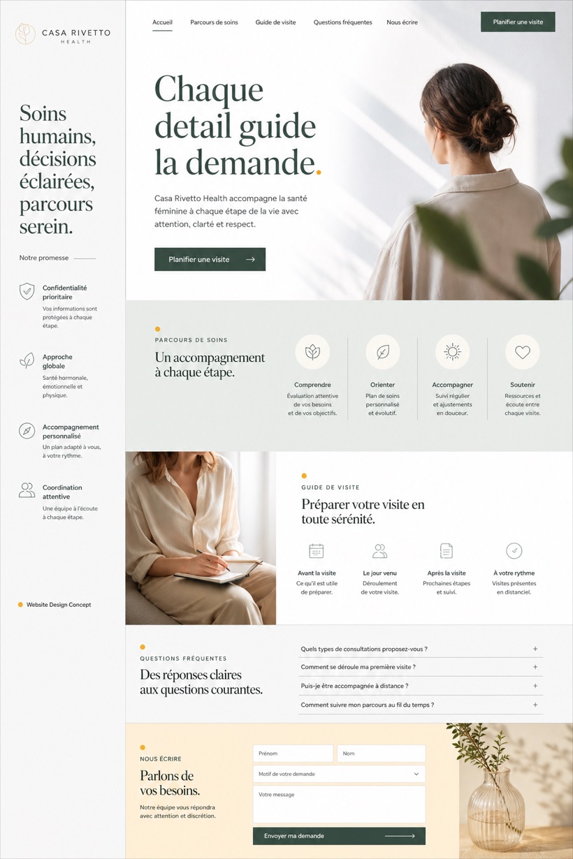 Fictional Casa Rivetto Health Fertility and women's health website design showcase in a 2:3 layout with service sections, FAQ, and inquiry action