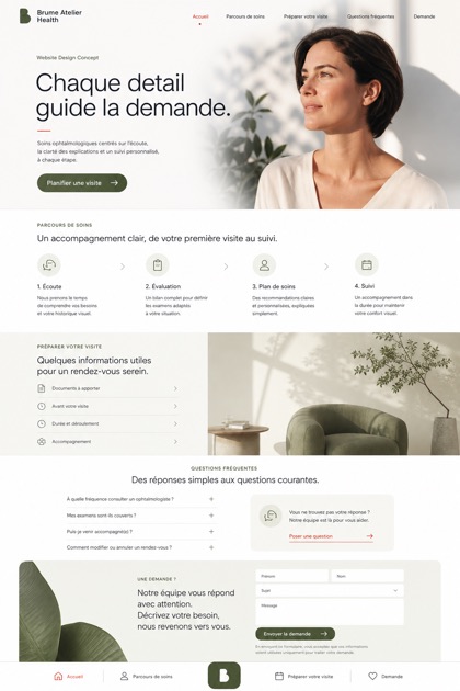 Fictional Brume Atelier Health Ophthalmology and vision correction website design showcase in a 2:3 layout with service sections, FAQ, and inquiry action