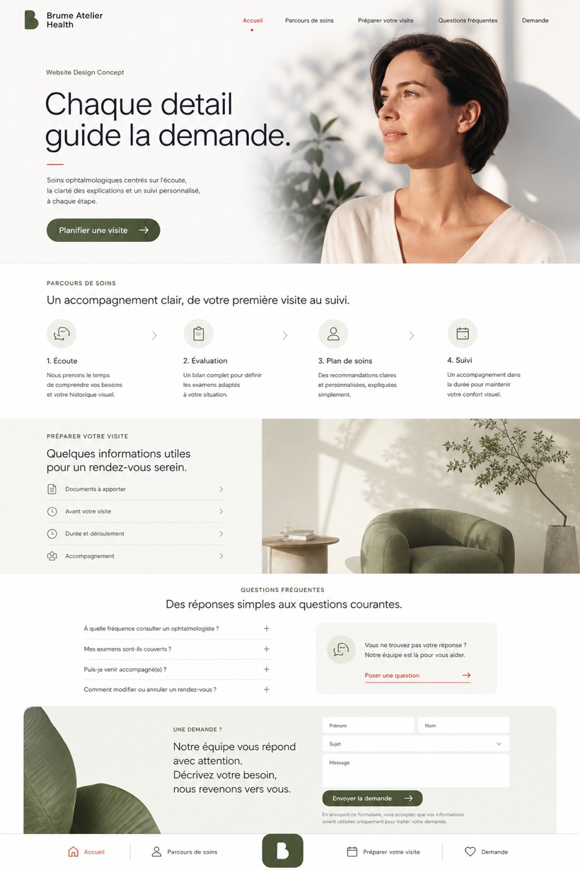 Fictional Brume Atelier Health Ophthalmology and vision correction website design showcase in a 2:3 layout with service sections, FAQ, and inquiry action