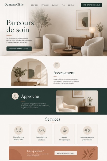Healthcare website design for France, showing a clear opening, service information, supporting content, and a focused inquiry action.