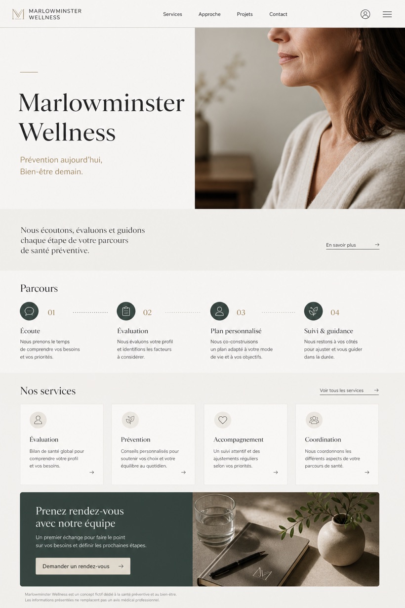 Healthcare website design for France, showing a clear opening, service information, supporting content, and a focused inquiry action.