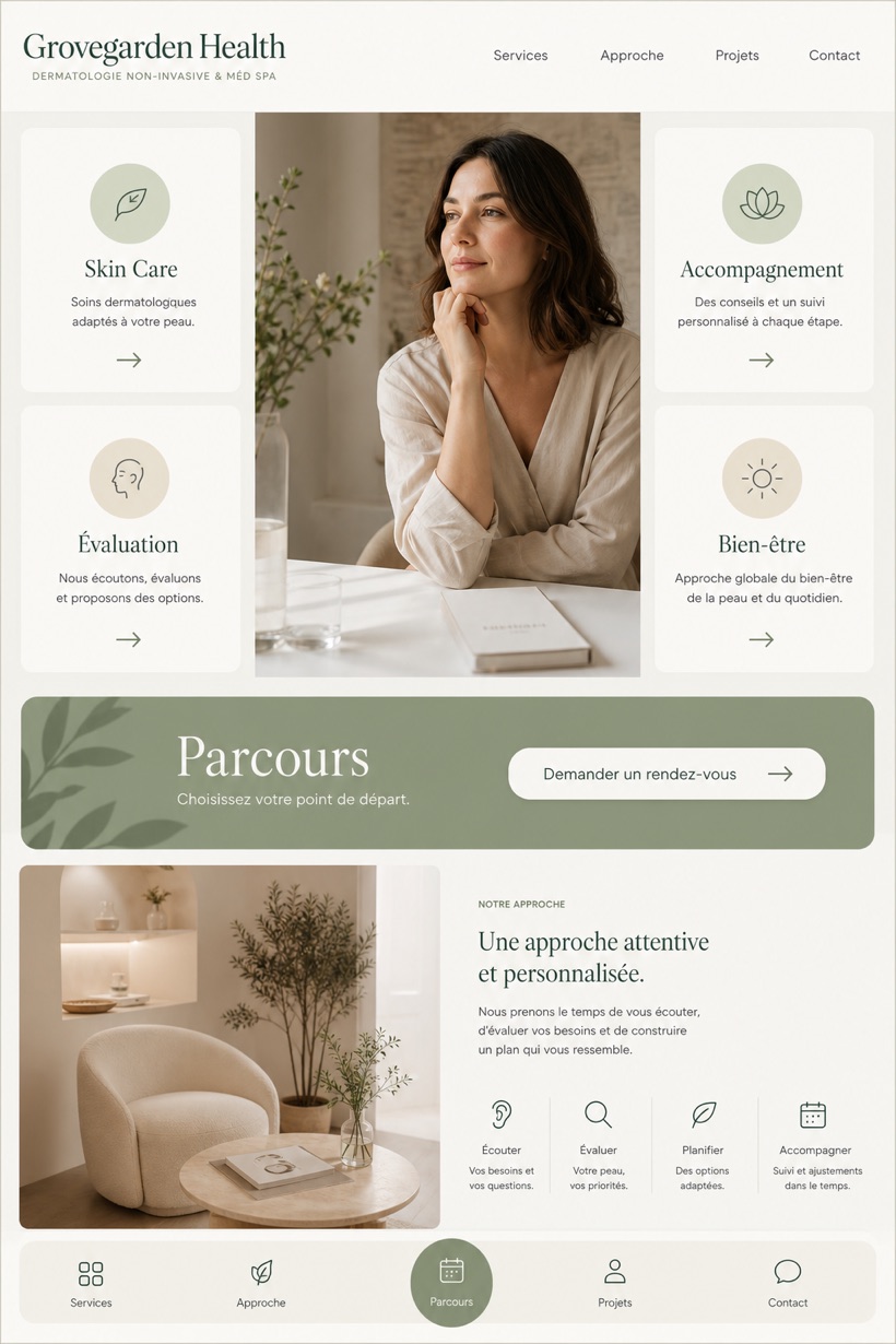 Healthcare website design for France, showing a clear opening, service information, supporting content, and a focused inquiry action.