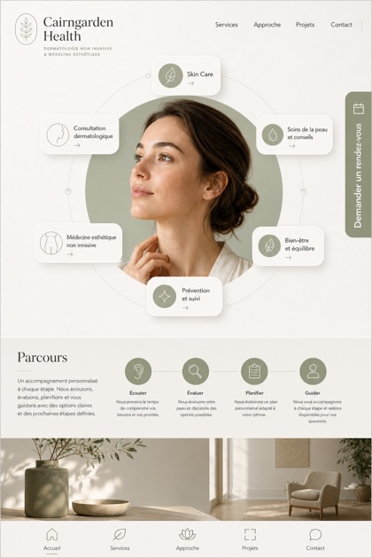 Healthcare website design for France, showing a clear opening, service information, supporting content, and a focused inquiry action.